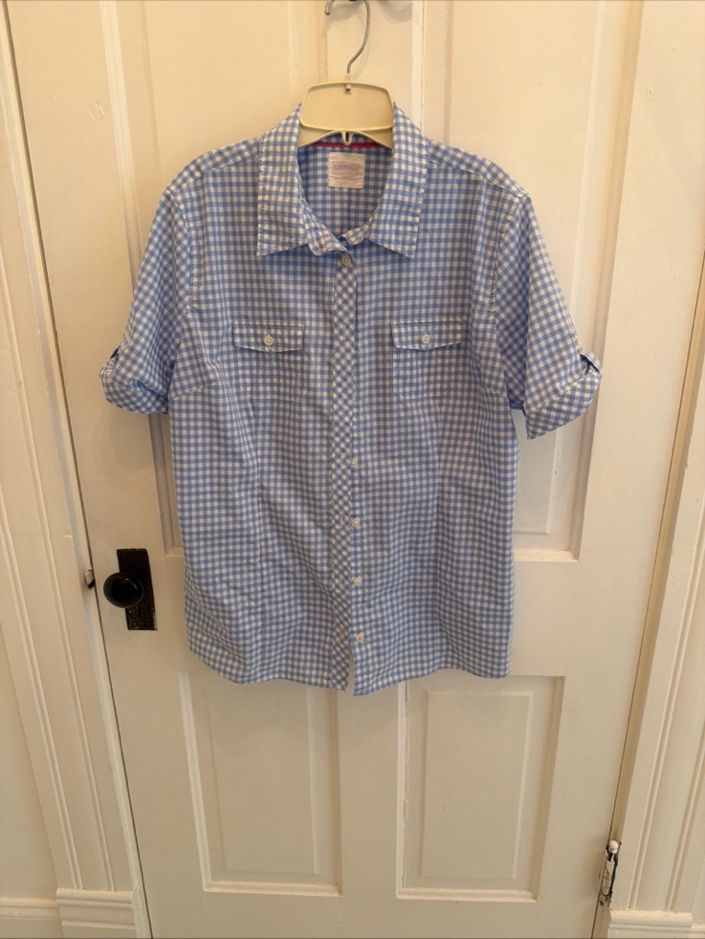LL Bean Top Women L Blue Gingham Button Up Shirt Wrinkle Free Preppy